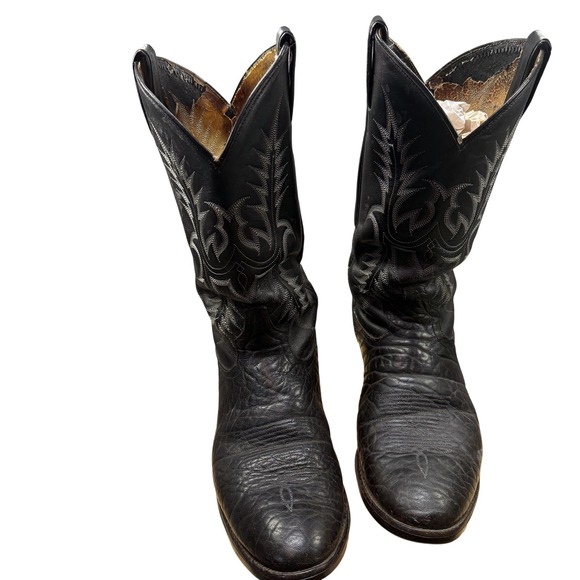 Tony Lama Black‎ Leather Western Cowboy Boots 10.5 EE Mens Pointed Toe Classic
